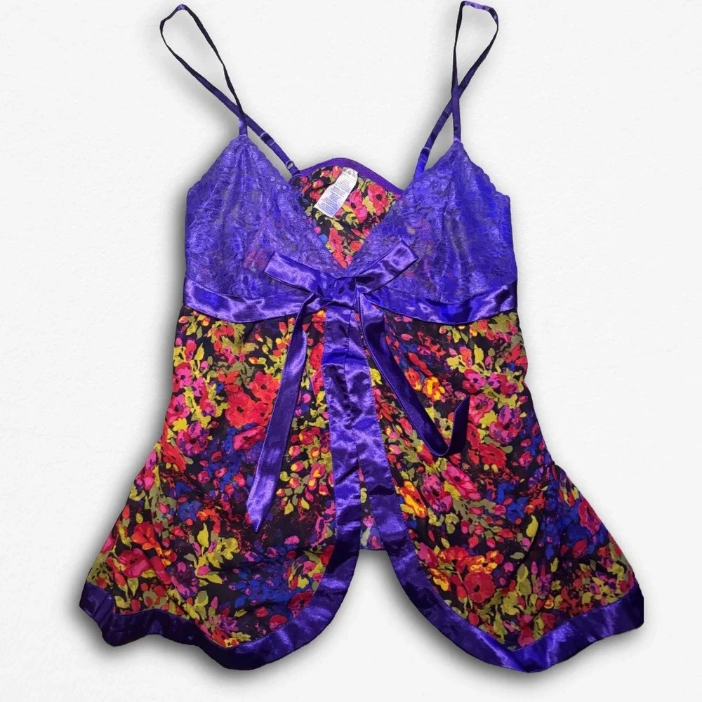 Purple Floral Lace‎ Babydoll Chemise Lingerie Sheer Front Tie Sleepwear Top